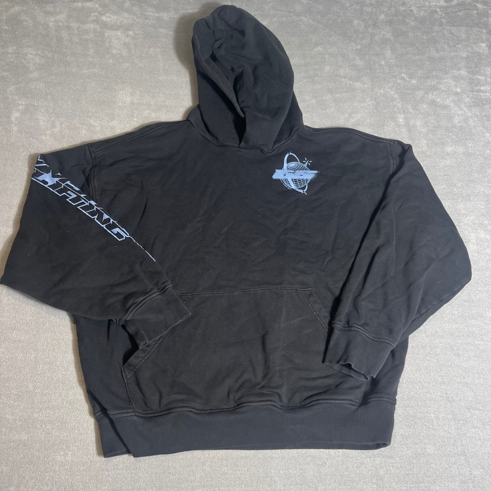 Gymshark Mens Oversized Graphic Hoodie Black Blue Globe Sleeve Print Medium